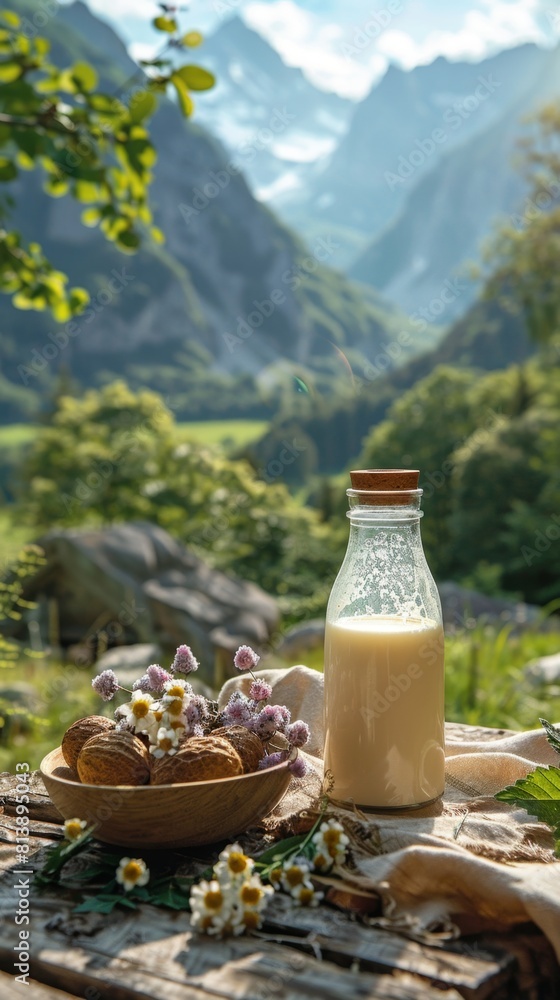 Obraz premium Glass bottle with fresh cow's milk, goat's milk, on wooden table with alps in background, natural ecology farm concept，Fresh Milk in Glass Bottle on Wooden Table with Alpine Mountain Background. Minim