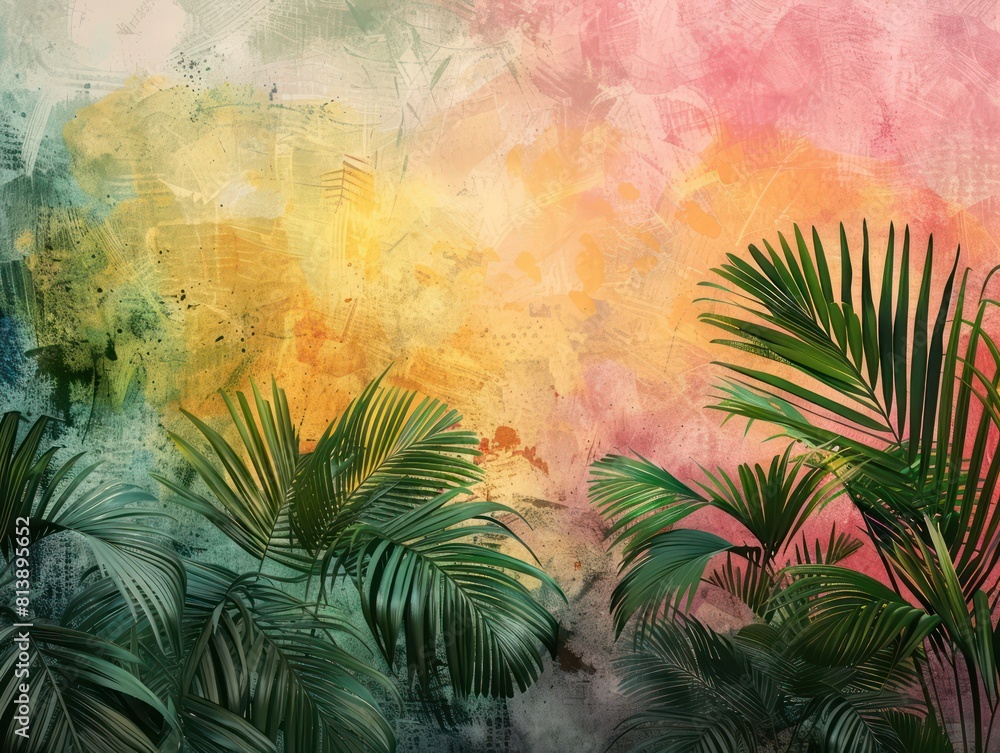 realistic tropical plants and leaves with vivid colors as a texture, watercolor background in vintage style and pastel colors