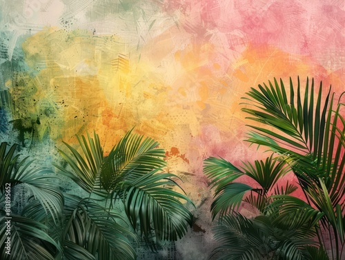 realistic tropical plants and leaves with vivid colors as a texture, watercolor background in vintage style and pastel colors