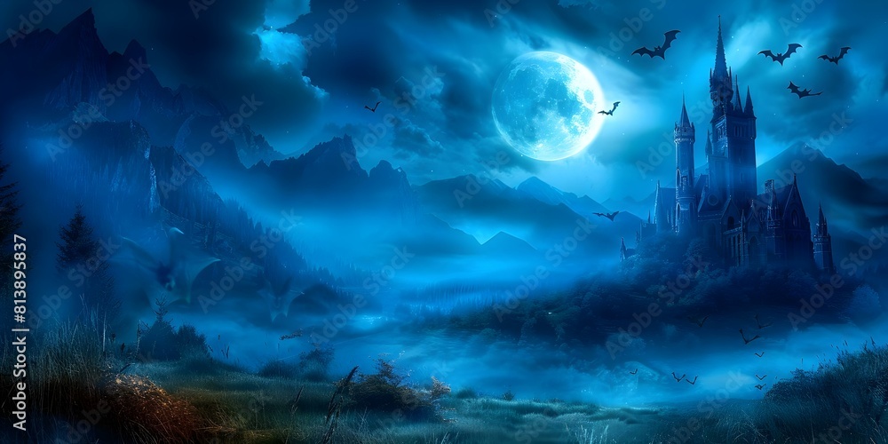 Nighttime Scene of a Gothic Castle with Bats and Moonlit Sky over Grass Field. Concept Gothic Castle, Nighttime Scene, Bats, Moonlit Sky, Grass Field