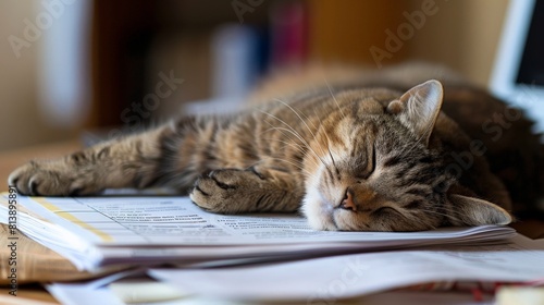 Wallpaper Mural A cute fat cat snoozing on a stack of papers, taking a well-deserved nap after a long day at work. Torontodigital.ca