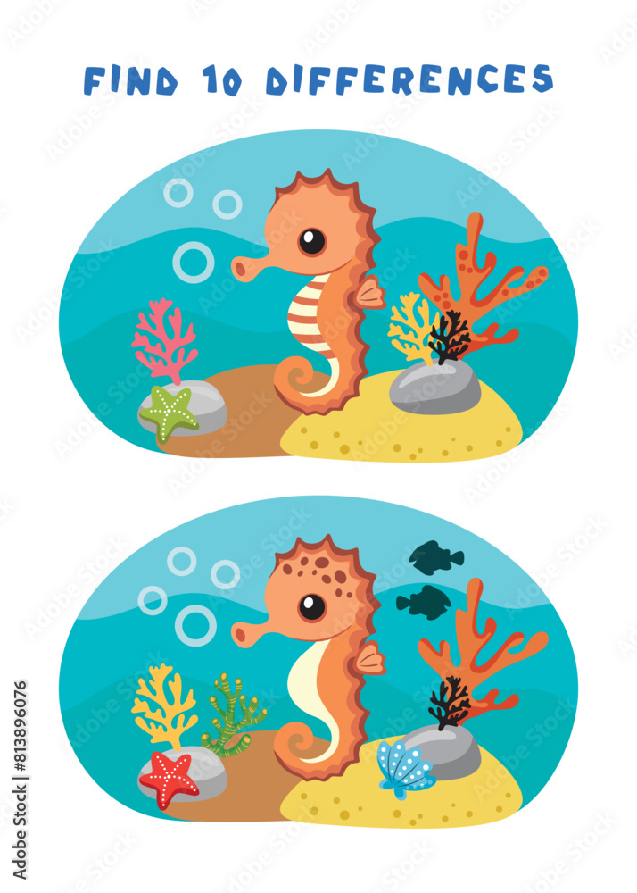 Mini-games for children. preschoolers. Find 10 differences. Picture with seahorse. Logical tasks for preschoolers. Games 3-4 years. Mini-games for children. preschoolers. Find 10 differences. Picture with seahorse. Logical tasks for preschoolers. Games 3-4 years.