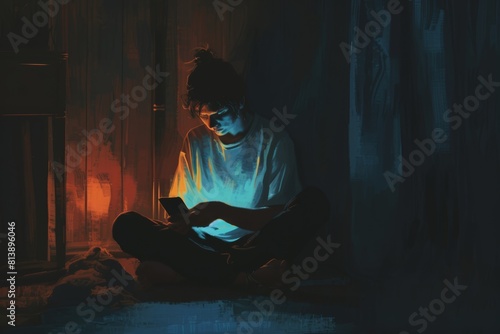 Digital Solitude  A Young Person Engulfed in Smartphone Light in a Dark Room