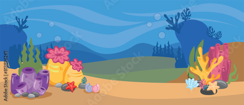 Banner with empty copy insert. Underwater bottom with coral, seaweed, Illustration of the seabed Undersea with corals and seaweed, sea bottom, seabed, illustration with copy space