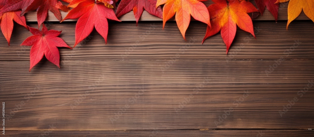 A wooden background adorned with vibrant red autumn leaves provides a frame for text offering ample copy space for an image A wooden background adorned with vibrant red autumn leaves provides a frame for text offering ample copy space for an image