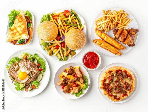 assortment of western food, top view in a white background 