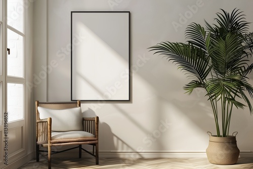 Blank white frame on a wall for mock-up in an interior of a modern cozy room