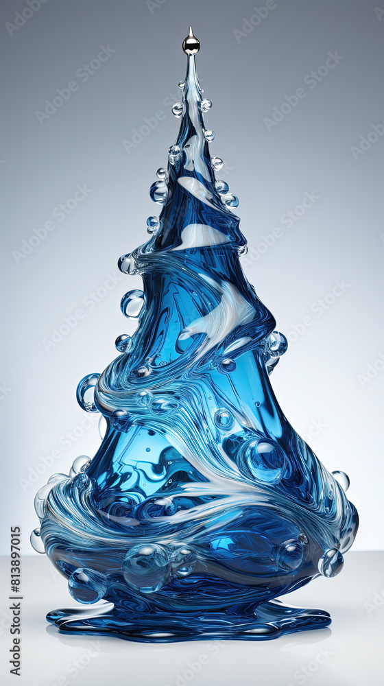 A Beautiful Christmas Tree Made From Bright Blue Water On Blurry White Background