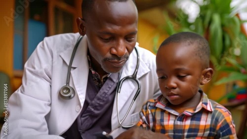 A rural African male pediatrician examines a young boy patient using his stethoscope, ensuring the child's well-being and health with thoroughness and compassion
