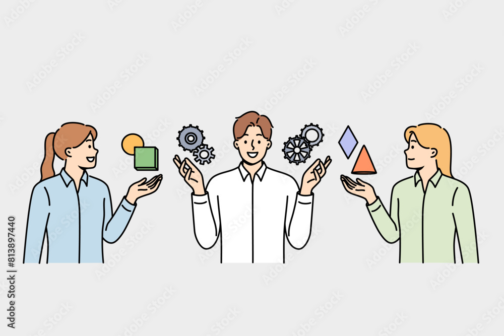 Team of people are discussing business management and consulting with specialist, standing near gears. Successful male manager explains to girls rules of management in industrial sector Team of people are discussing business management and consulting with specialist, standing near gears. Successful male manager explains to girls rules of management in industrial sector