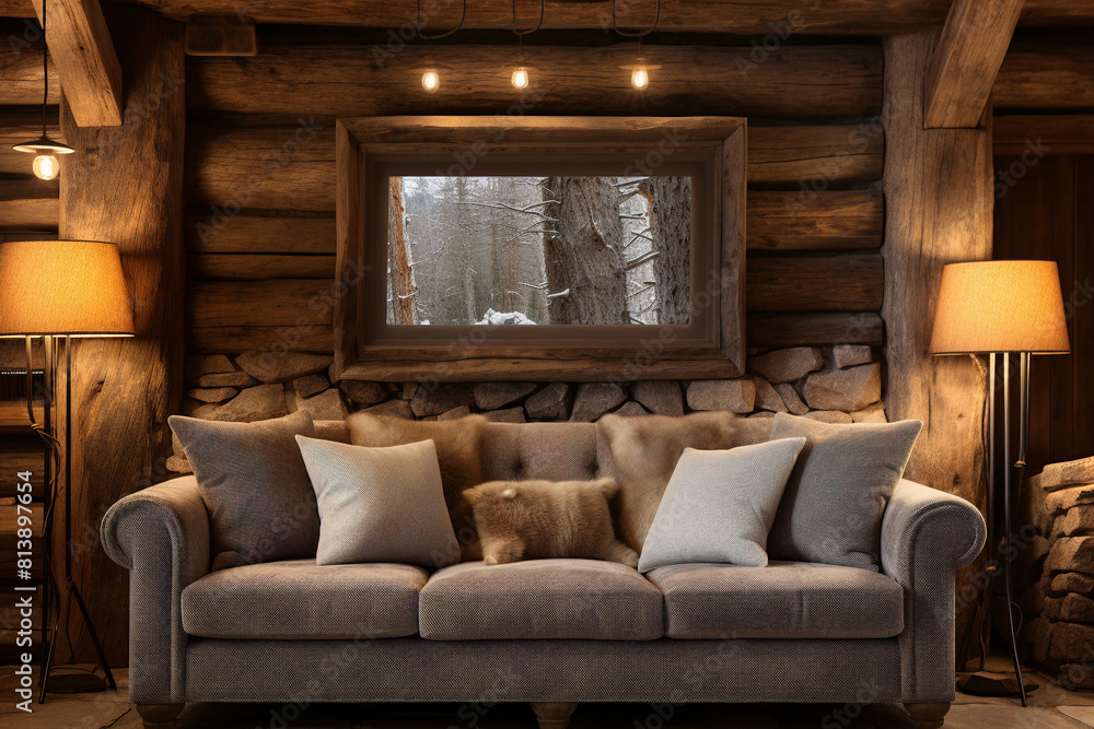 A cozy living room with a sofa, fireplace, and picture window view of a snowy forest A cozy living room with a sofa, fireplace, and picture window view of a snowy forest