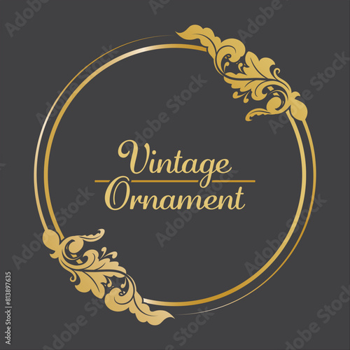Golden Vintage frame Ornament in Circle Shape .Golden Ring Border ornament. golden oval ornament Suitable for wedding invitation card and label. photo