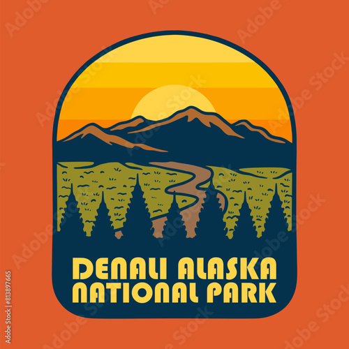 SUNSET ON DENALI ALASKA NATIONAL PARK BADGE LOGO DESIGN VECTOR ILLUSTRATION

