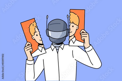 Humanoid robot replaces person and causes unemployment due to presence of artificial intelligence. Evil robot tears up person photo, threatening to take away job and destroy labor market.