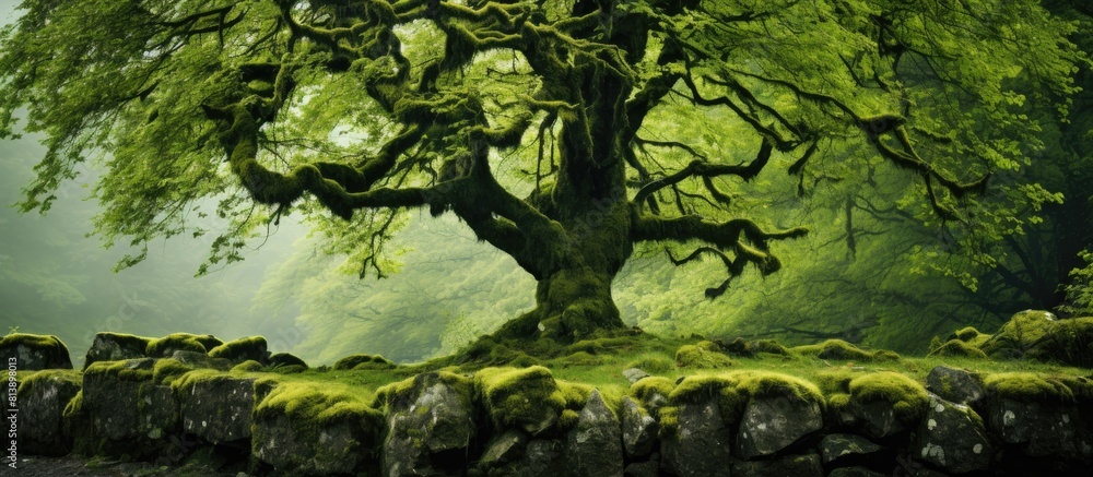 Obraz premium A stunningly green moss covered tree with a captivating hue copy space image