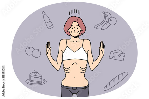 Skinny woman refuse eating suffer from anorexia. Unhealthy thin girl struggle with abnormal weight loss. Health problems. Vector illustration.