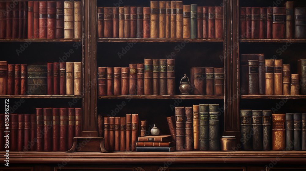 Classic library scene with leather-bound books on wooden shelves in warm colors, conveying a sense of knowledge, mystery, and nostalgia. Classic library scene with leather-bound books on wooden shelves in warm colors, conveying a sense of knowledge, mystery, and nostalgia.
