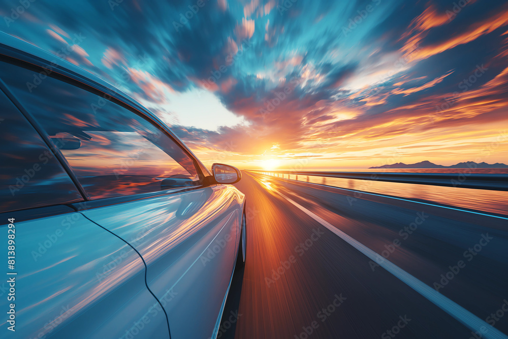 a car driving by the water at sunset a car driving by the water at sunset