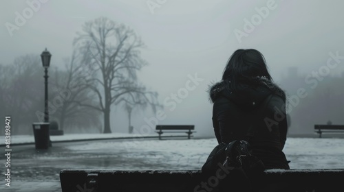 A woman sits on a bench in the rain