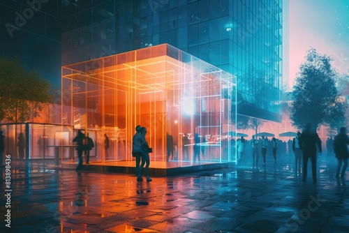 3D rendering of transparent cube with people inside  interior design concept illustration  modern 