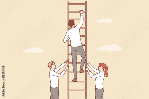 Partners support business man climbing career ladder and striving to achieve success and gain opportunities. Teamwork of ambitious people achieving progress in professional growth along career ladder
