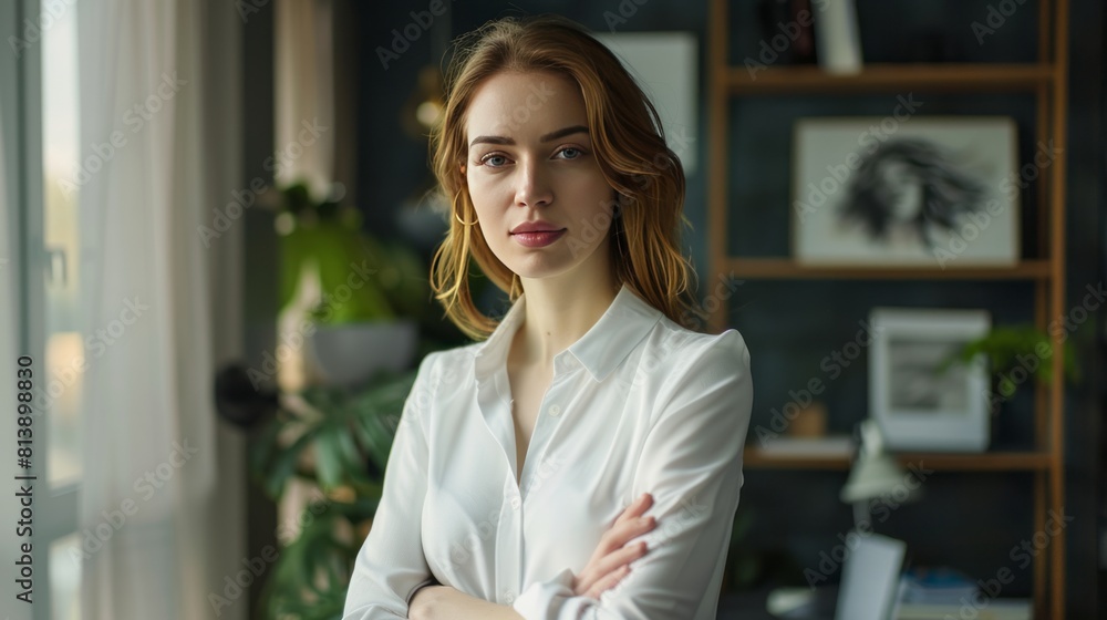 A woman in a white shirt stands in front of a bookshelf A woman in a white shirt stands in front of a bookshelf