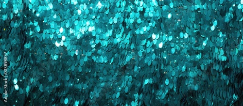 Bright and vibrant turquoise tinsel sequins create a stunning abstract background Perfect for a festive or party theme this shimmering backdrop offers plenty of copy space for text