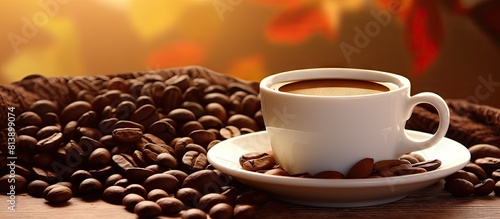 An image of a coffee cup with coffee beans in the background creating a vibrant and enticing copy space image