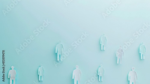 An overhead shot of a seamless line of paper men cutouts  interconnected  on a soft blue background that fades to white  offering a large area for text