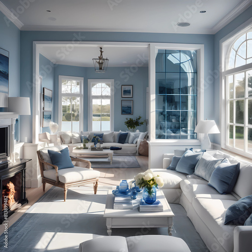interior architectural hi res editorial award photo living room with a small glass wall victorian coastal villa inspired by the old town in hamptons white and blue toned warm....