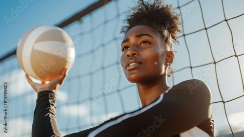  Black woman practicing volleyball sport, person is focused and enjoying the sport, sports photography, generative up