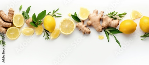 Immune boosting products like ginger rosemary lime turmeric and garlic arranged on a white background for a flat lay photograph with ample copy space