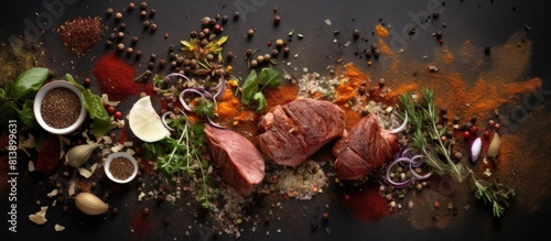 Fototapeta Naklejka Na Ścianę i Meble -  Top view of a gray background showcasing a tantalizing blend of spices and herbs meticulously arranged with raw uncooked liver for an appetizing cooking scene Copy space image included