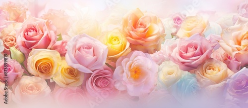 Fototapeta Naklejka Na Ścianę i Meble -  A pastel and soft floral card with delicate roses in full bloom is set against a festive background creating a summer inspired image with plenty of copy space