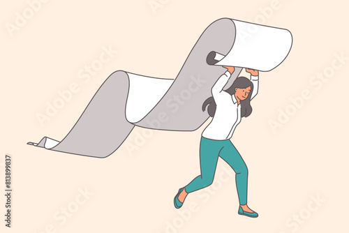 Woman lifts roll of check paper over head in preparation for counting expenses and budget