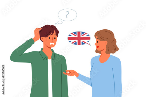 Language barrier for native english speakers from uk and us who have problems communicating. Man does not understand woman from england due to presence of language barrier and strong accent