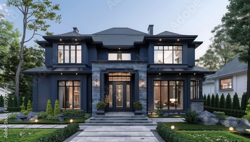 3d rendering of modern classic mansion with front door and windows in dark blue color. Front view of twostory house exterior design, premium aesthetic