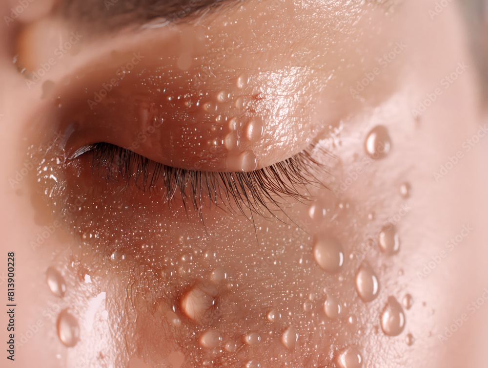 Fototapeta premium Close-Up of Closed Eye with Water Drops on Skin. Macro photography with natural light. Beauty and skincare concept for design and educational material.