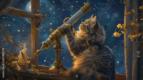 A fluffy gray cat with a telescope  gazing curiously at the night sky from a cozy attic observatory