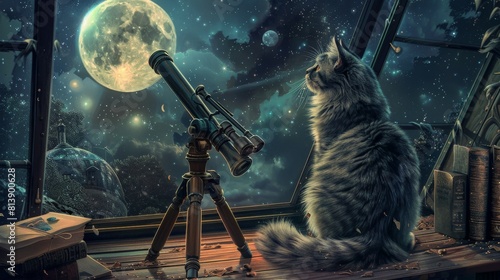 A fluffy gray cat with a telescope, gazing curiously at the night sky from a cozy attic observatory