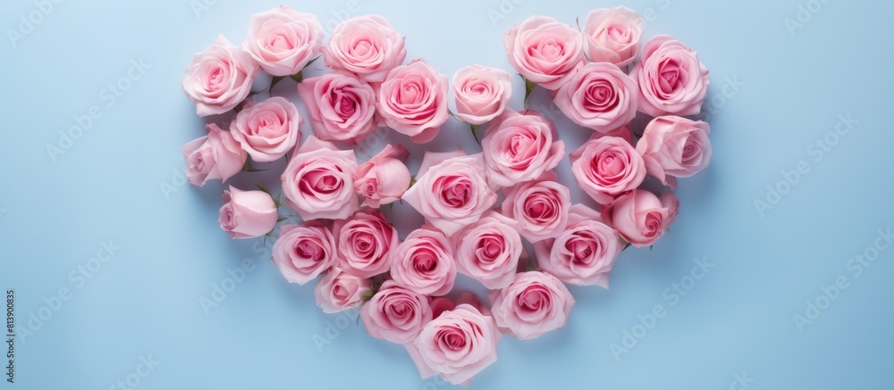 Pastel blue background with a heart symbol made of fresh pink rose flowers for Valentines and Mothers Day creating a copy space image Pastel blue background with a heart symbol made of fresh pink rose flowers for Valentines and Mothers Day creating a copy space image