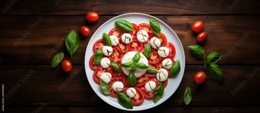 Top view of a plate on the table with a Caprese salad consisting of basil leaves mozzarella and tomatoes Copy space image Top view of a plate on the table with a Caprese salad consisting of basil leaves mozzarella and tomatoes Copy space image