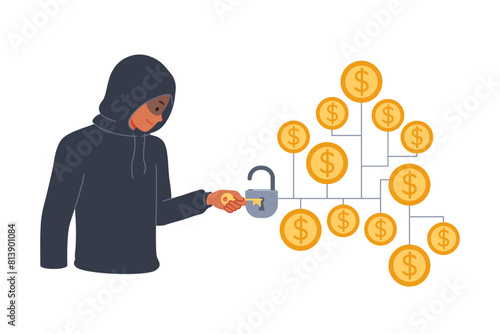 Man hacker hacks crypto vault with money to steal funds from blockchain wallet with gold coins. Hacker uses key to gain access to digital depository with bank depositors cash savings