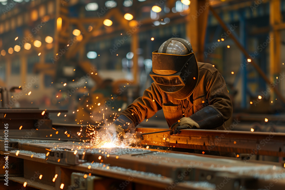 Workers wearing industrial uniforms and Welded Iron Mask Workers wearing industrial uniforms and Welded Iron Mask