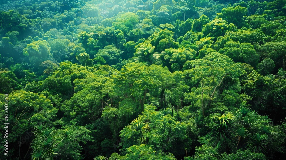 a lush green rainforest canopy with morning mist. a lush green rainforest canopy with morning mist.