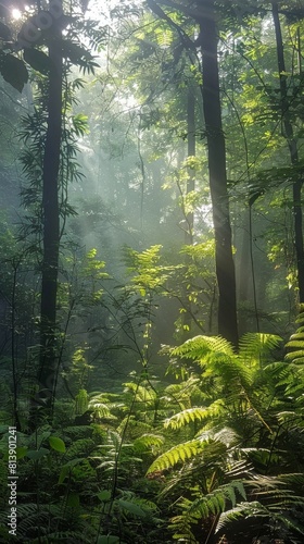 Sunlight shining through the trees in a forest filled with ferns. Nature background . Vertical background 