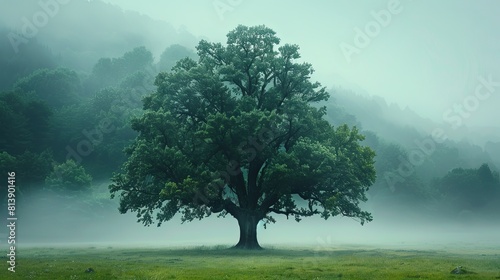 a big tree with green leaves in the middle of a foggy field.