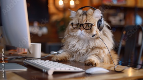 Fototapeta Naklejka Na Ścianę i Meble -  A fluffy Persian cat wearing a headset, multitasking as it answers calls and works on a computer at its desk.