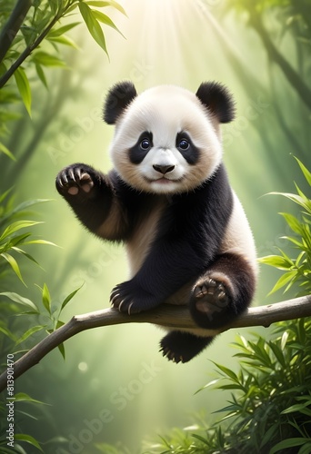 A panda bear sits on a tree branch and holds his paw up