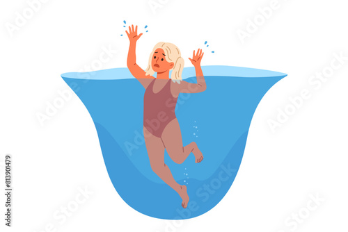 Little girl drowns in water and suffocates while swimming in pool, requiring help of lifeguards. Poor child drowns after sudden seizure and risks death due to lack of inflatable vest
